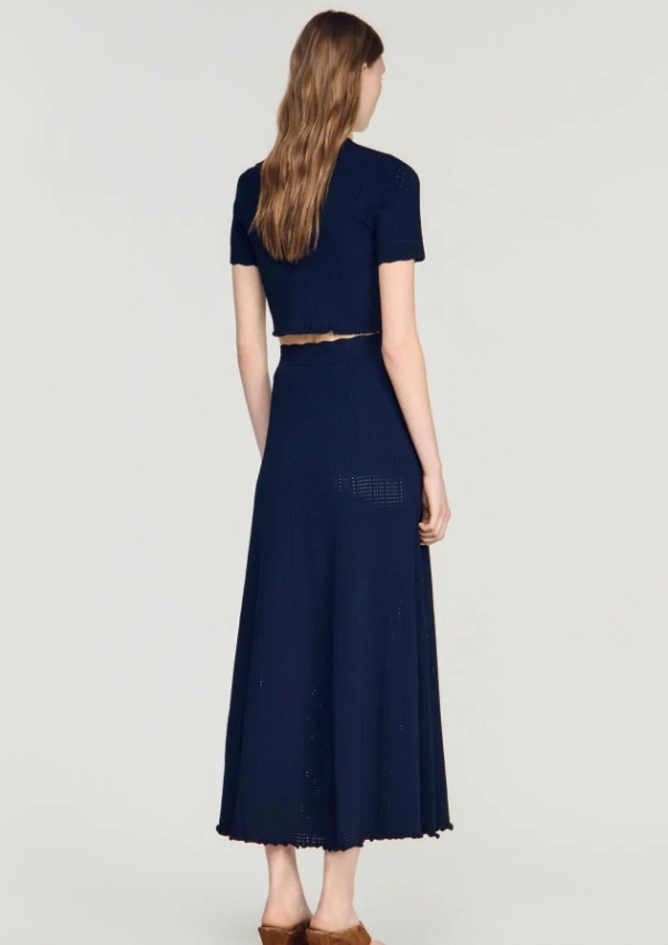🦞Sandro Navy Knit Two‑Piece Set Cropped Top Long Midi Skirt
